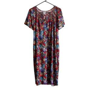 Vintage Granada Red Floral Polyester Nightgown Muumuu Pullover USA Large